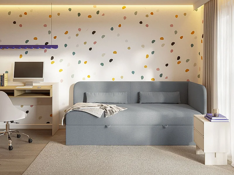 Jugendbett 90x200 mit Bettkasten – Chenille-Bezug – Kopfteil rechts – Dunkelgrau – CALMMO