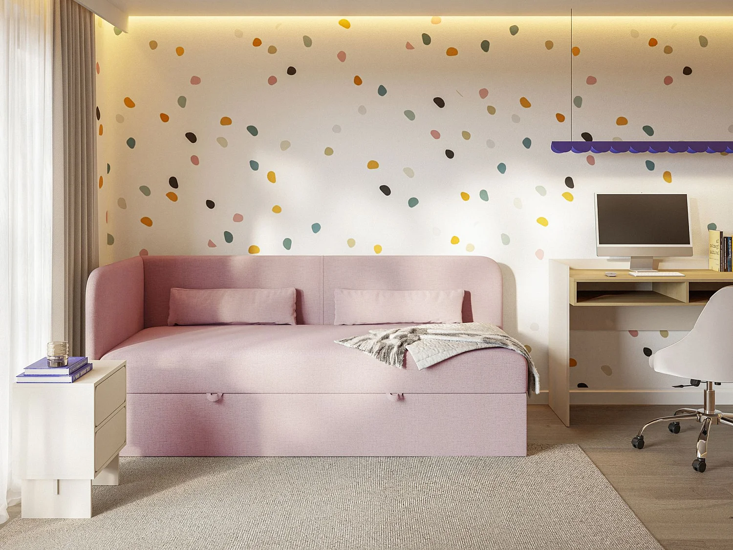 Lit ado avec rangement - olive - rose - CALMMO