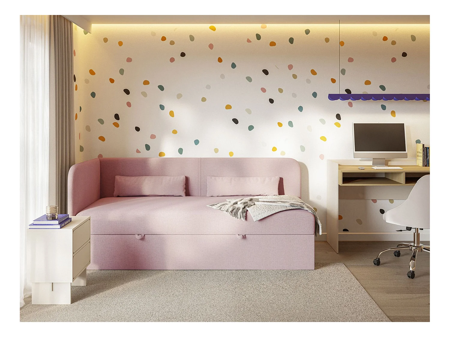 Tienerbed 90x200 met opbergruimte – chenille bekleding – hoofdbord links – roze – CALMMO