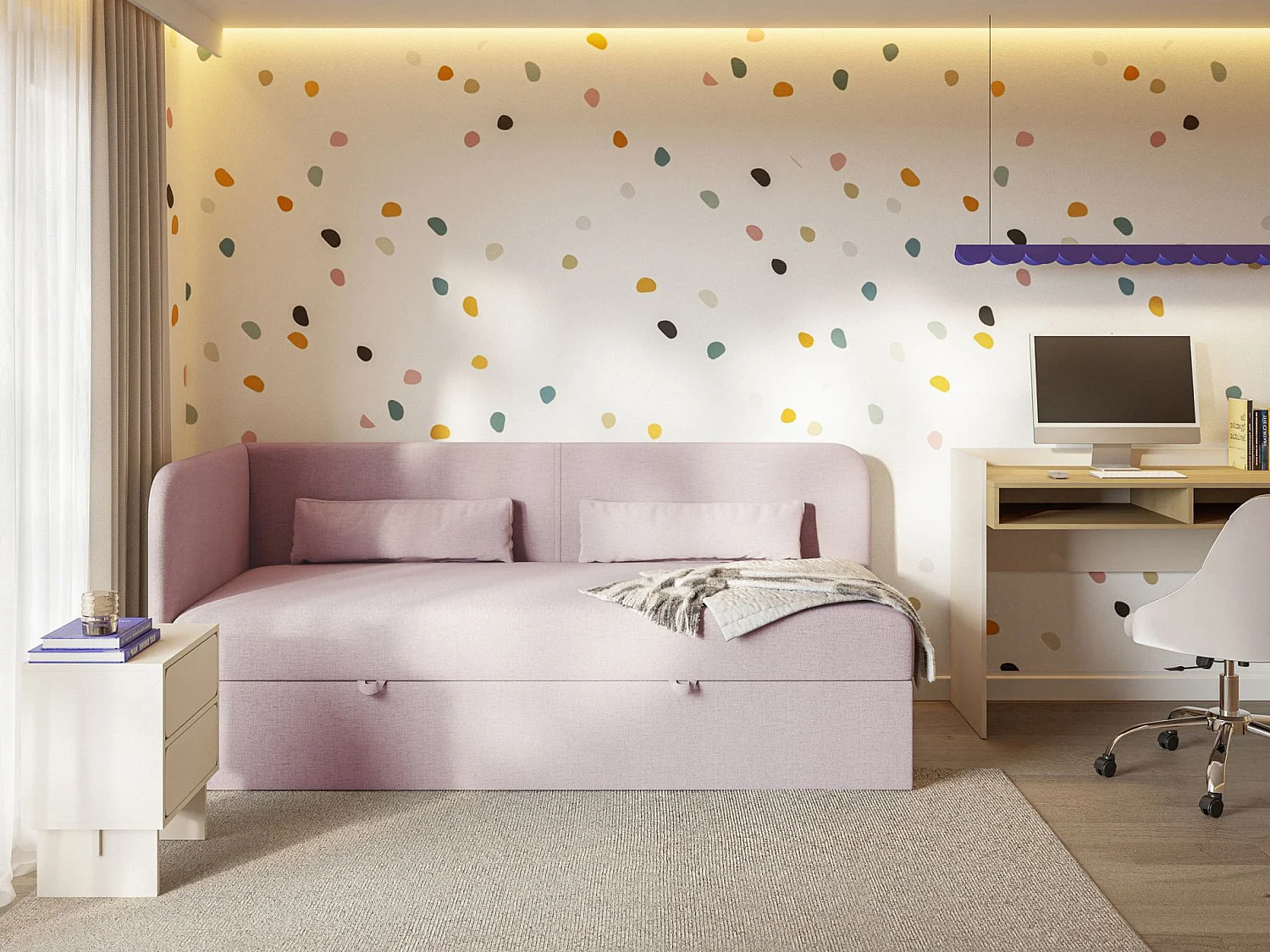 Tienerbed 90x200 met opbergruimte – chenille bekleding – hoofdbord links – roze – CALMMO