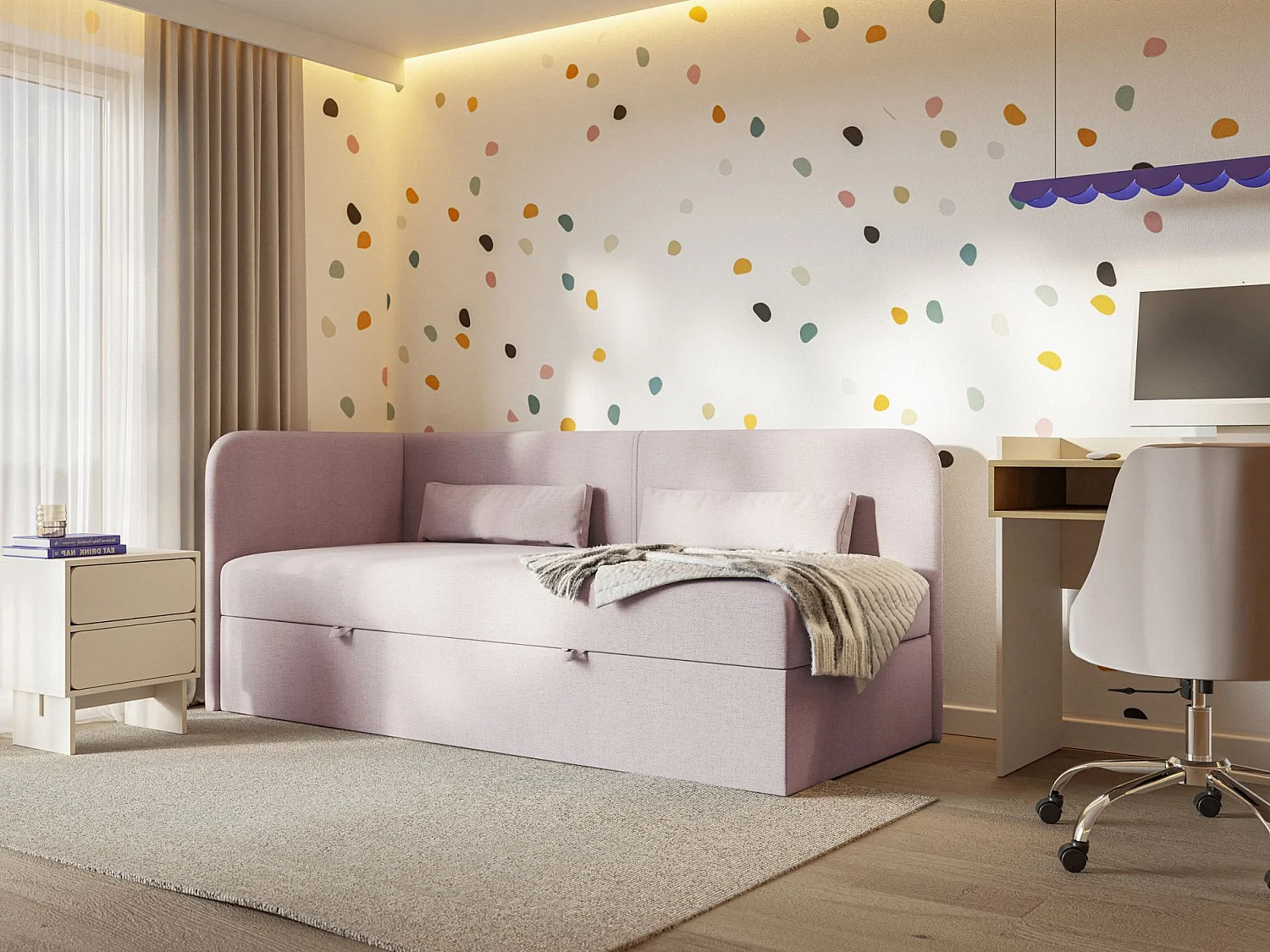 Tienerbed 90x200 met opbergruimte – chenille bekleding – hoofdbord links – roze – CALMMO