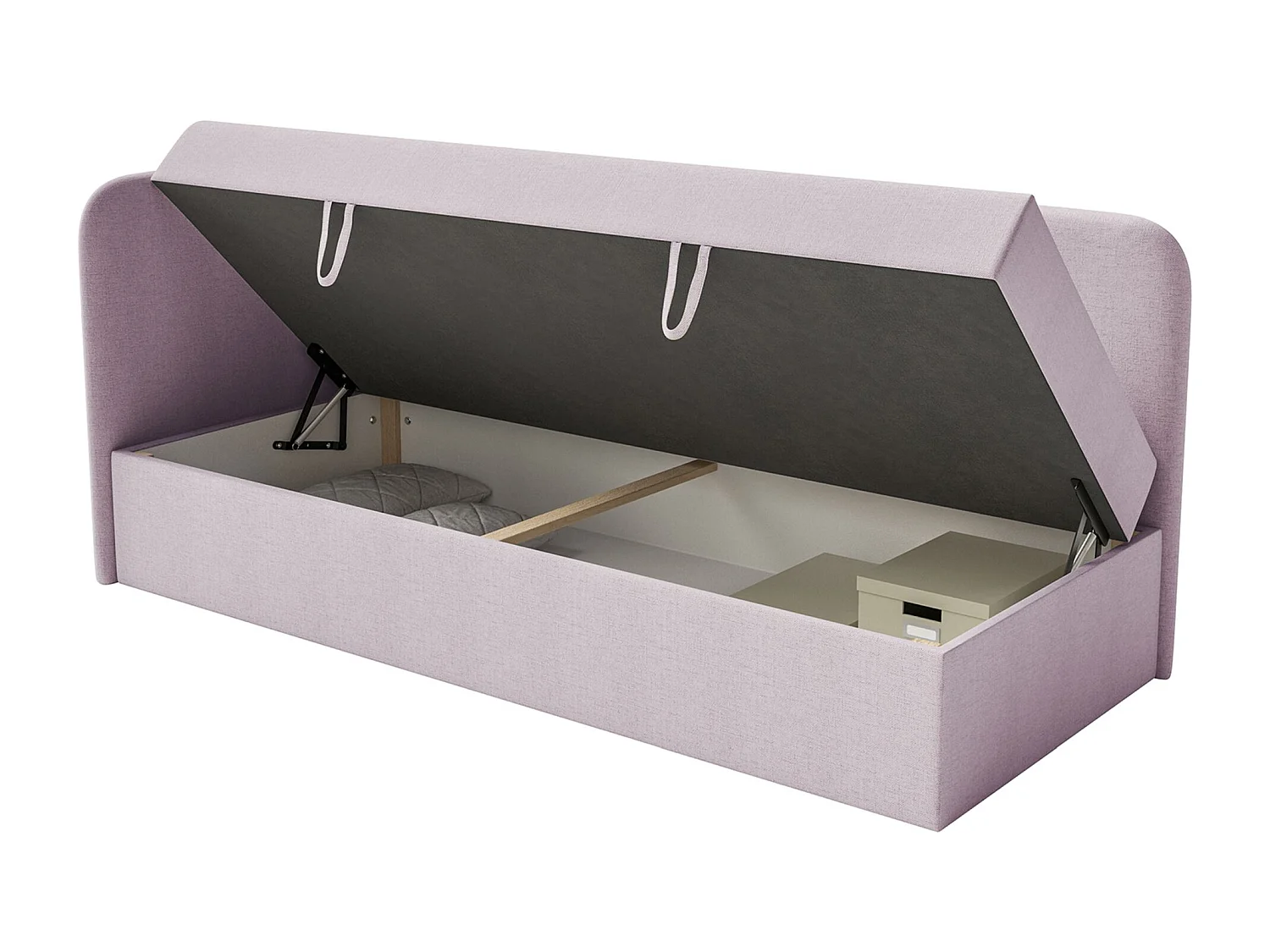 Tienerbed 90x200 met opbergruimte – chenille bekleding – hoofdbord links – roze – CALMMO