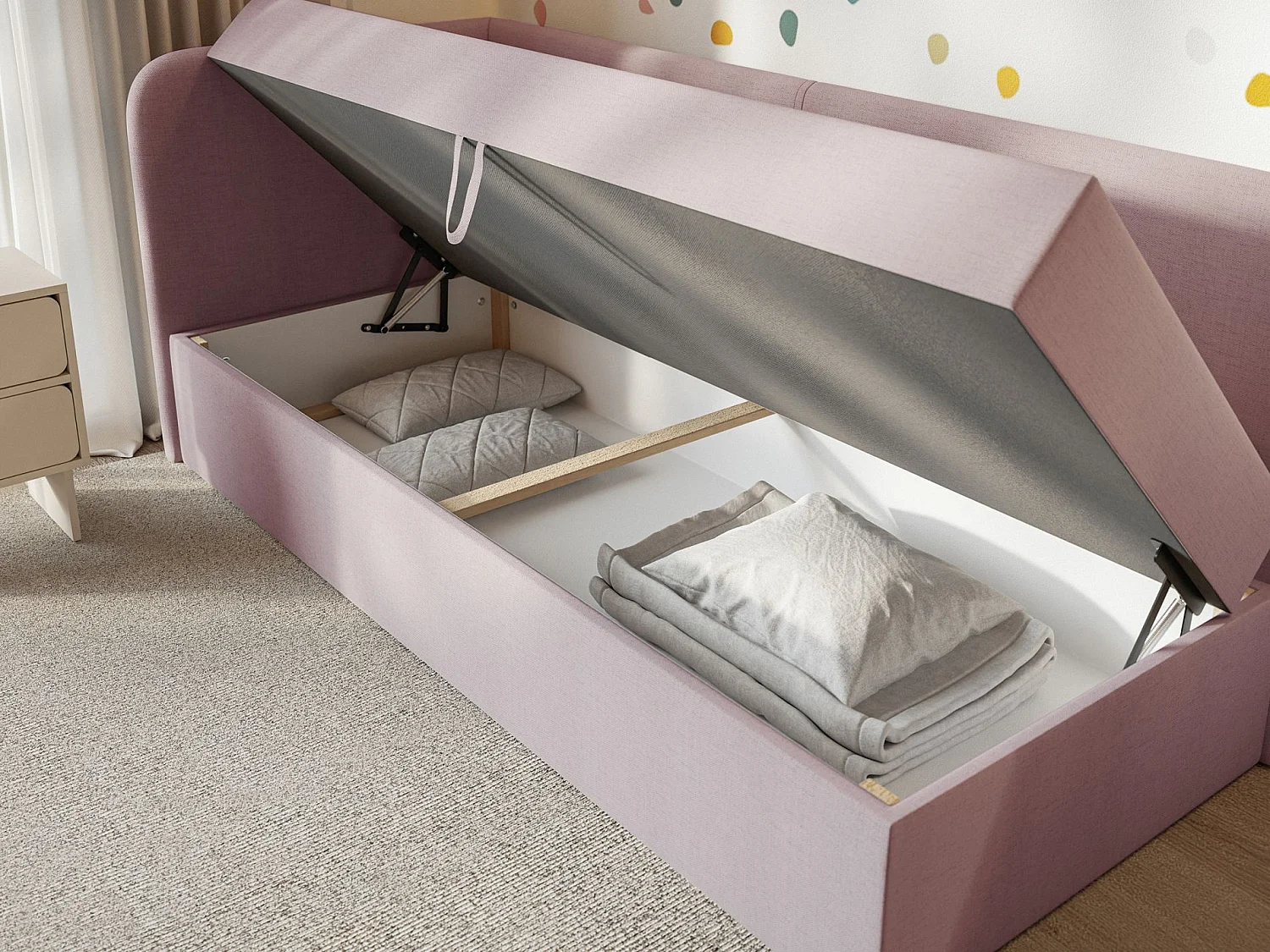 Tienerbed 90x200 met opbergruimte – chenille bekleding – hoofdbord links – roze – CALMMO