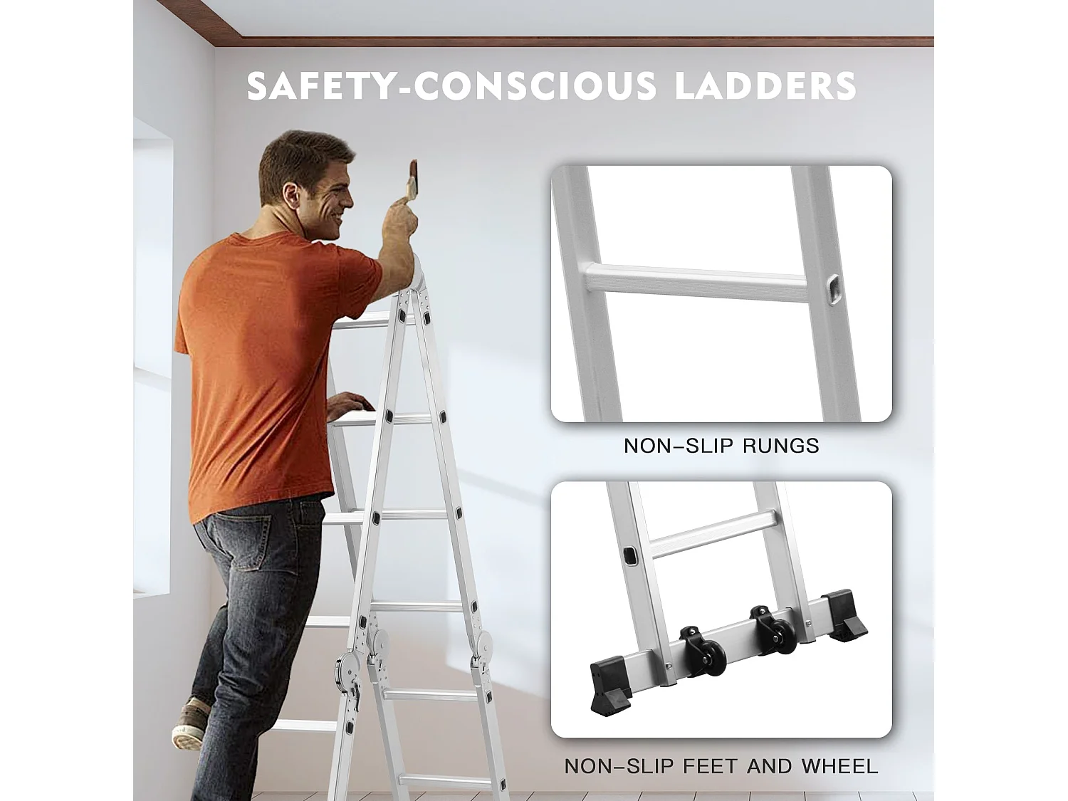 7-in-1 telescopische ladder, verstelbare ladder van 4,7 m, 2 dikke antisliptreden