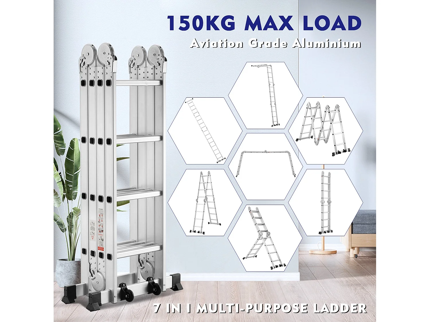 7-in-1 telescopische ladder, verstelbare ladder van 4,7 m, 2 dikke antisliptreden