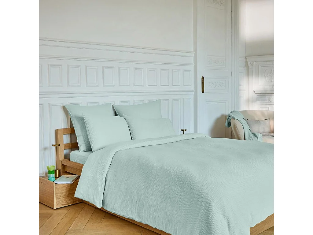 Habitat - Drap Housse en double gaze de coton - 160 x 200 cm - Céladon - Arielle