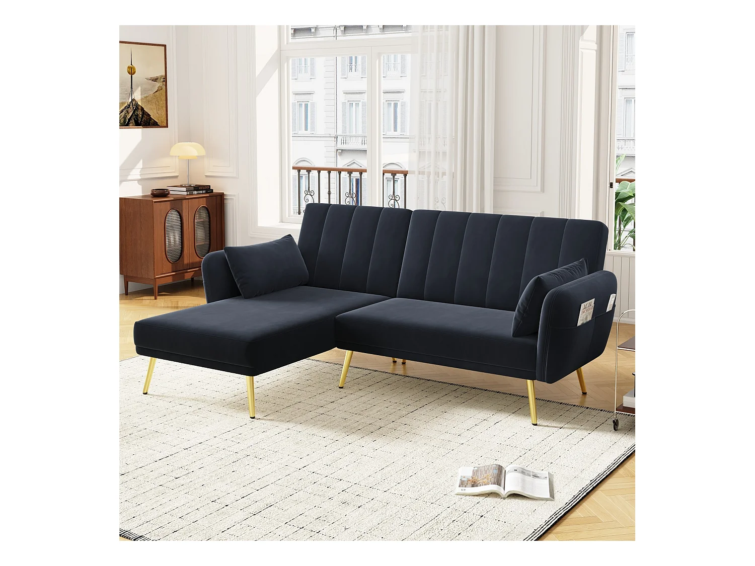 Moderne slaapbank, L-vormige bank met extra hoek en slaapfunctie, zwart