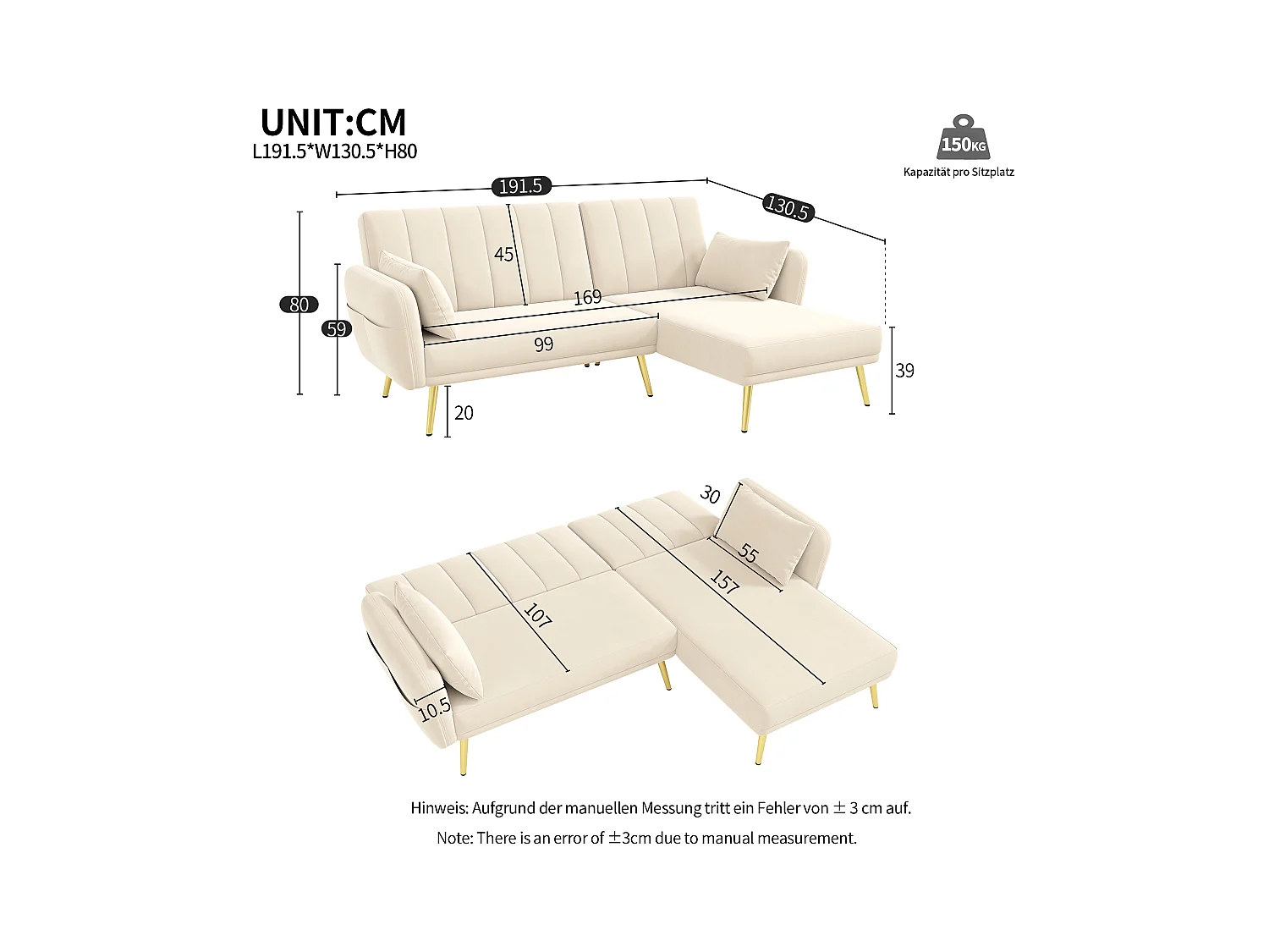 Sofá cama moderno, sofá en L con esquina adicional y función de cama, beige