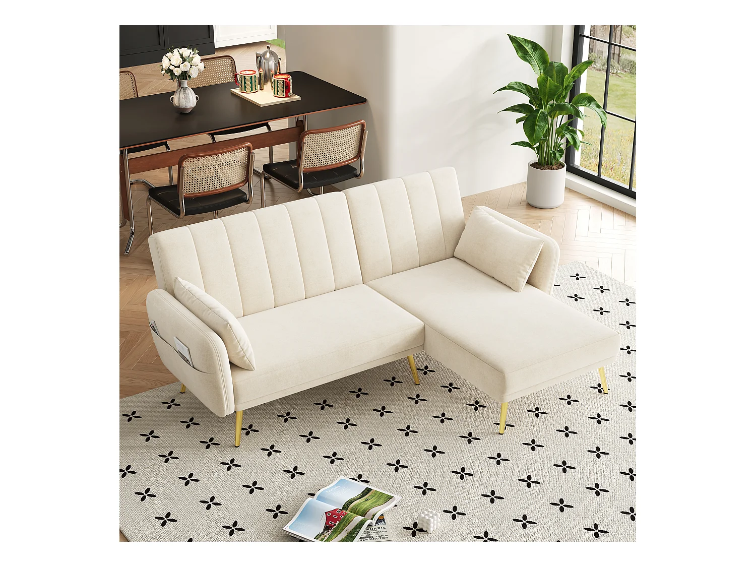 Canapé convertible moderne, canapé en L avec coin supplémentaire et fonction couchage, beige