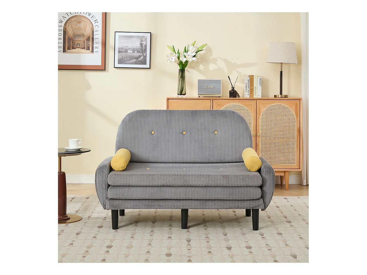 Dubbele bank in corduroy, te gebruiken als dagbed en relaxfauteuil met opbergruimte, grijs