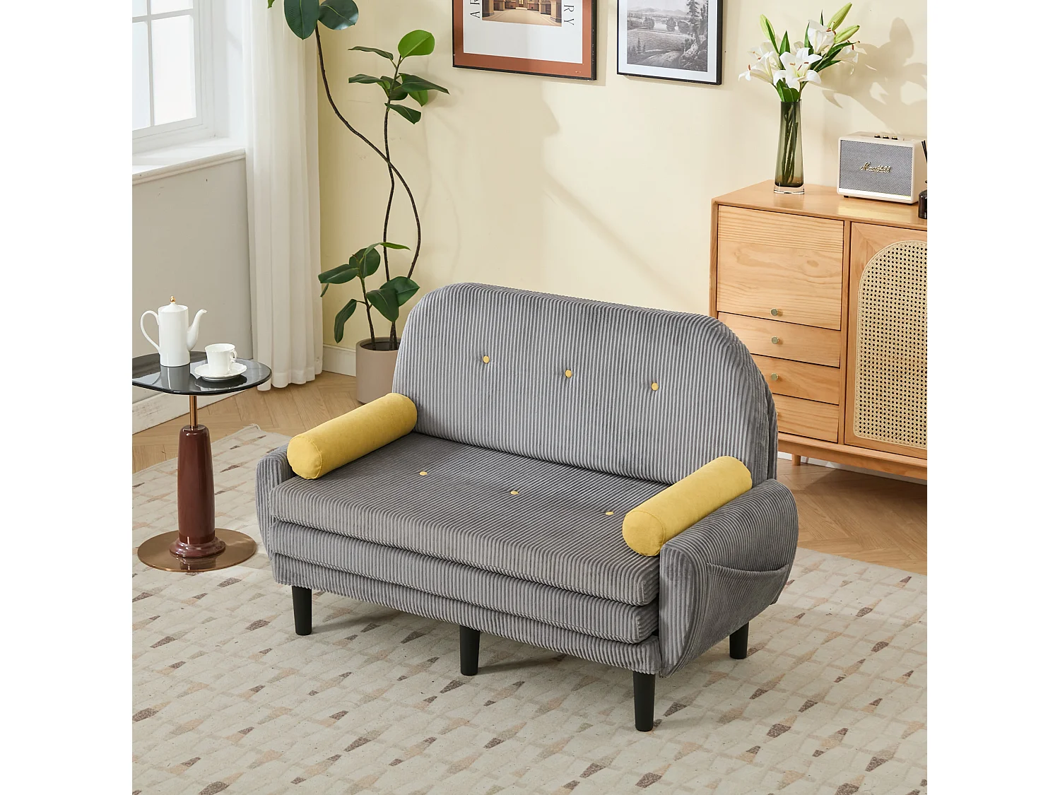 Canapé double en velours côtelé, pouvant servir de lit de jour et de fauteuil de détente avec espace de rangement,gris