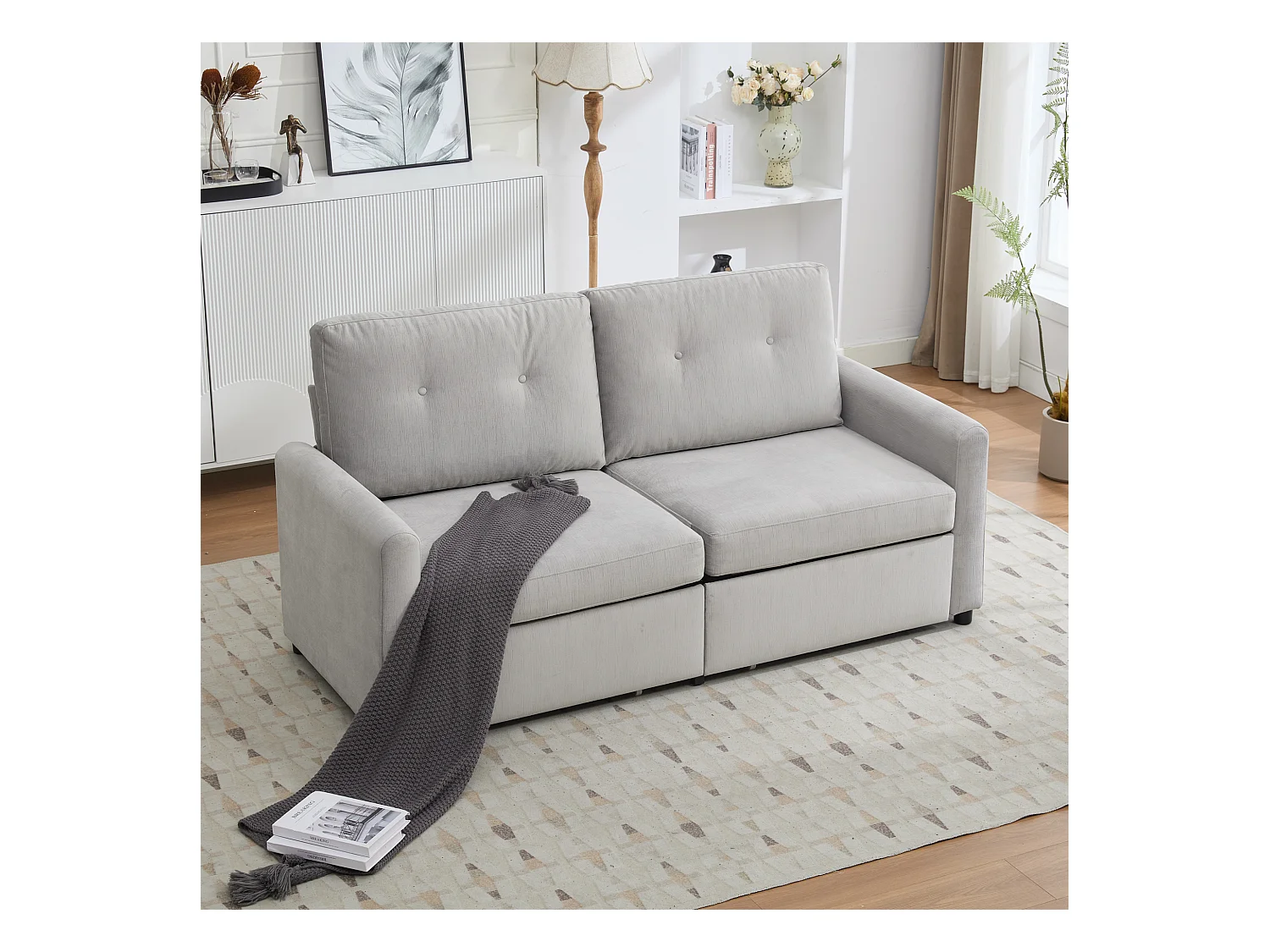 Canapé deux places avec tiroirs de rangement, gris clair