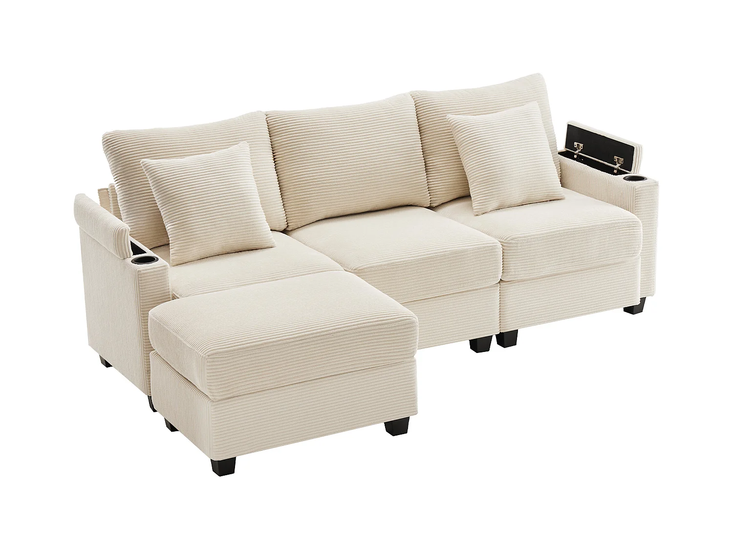 Sofá esquinero en L con reposapiés, portavasos, cargador USB, bandeja en el reposabrazos y dos cojines, beige