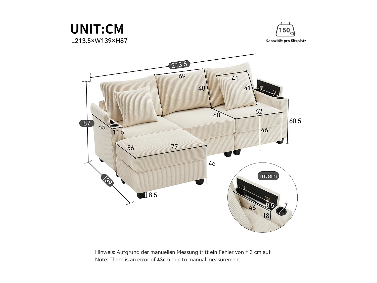 Canapé d'angle en L avec repose-pieds, porte-gobelets, chargeur USB, tablette d'accoudoir et deux coussins, beige