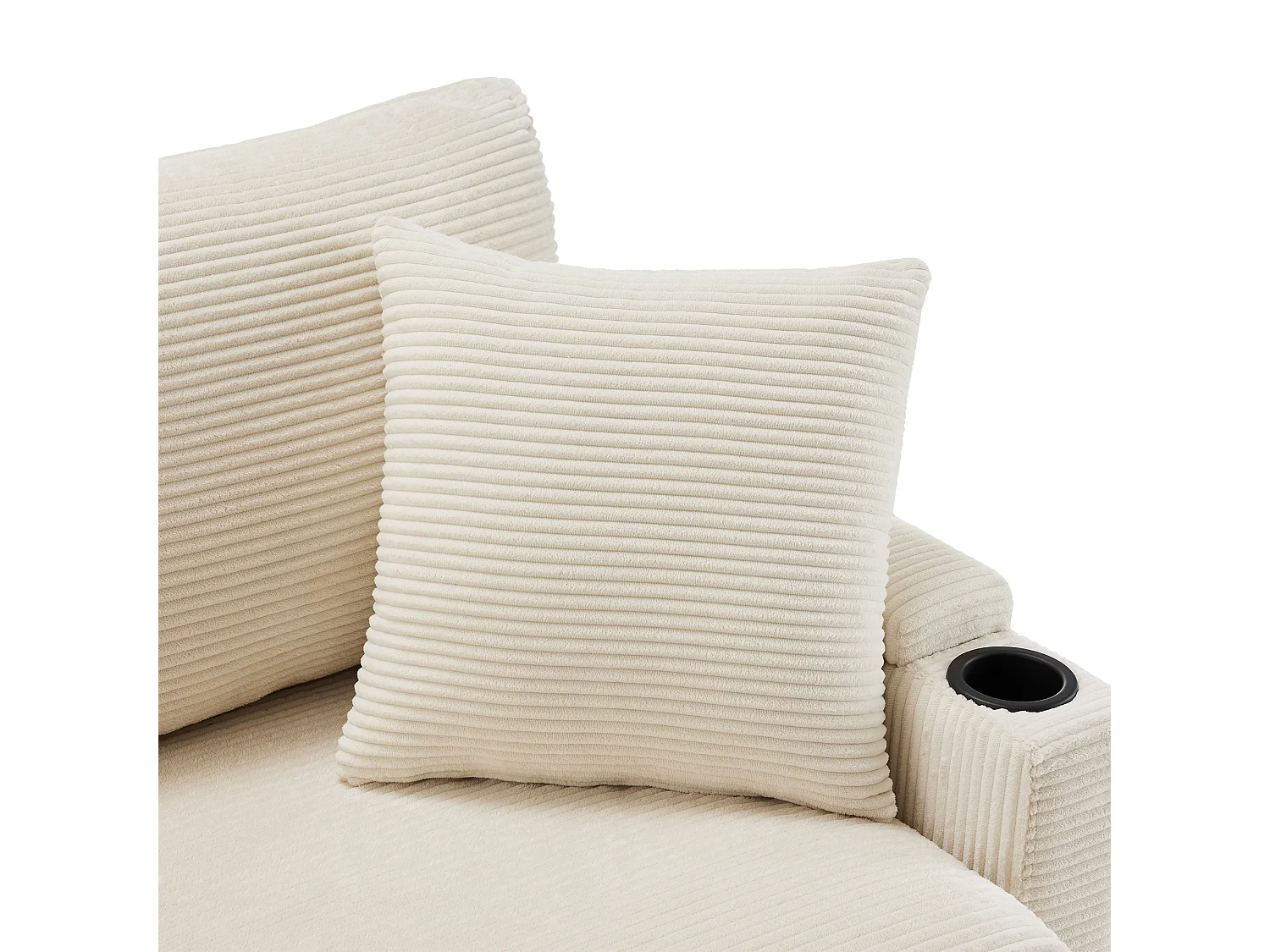 Canapé d'angle en L avec repose-pieds, porte-gobelets, chargeur USB, tablette d'accoudoir et deux coussins, beige