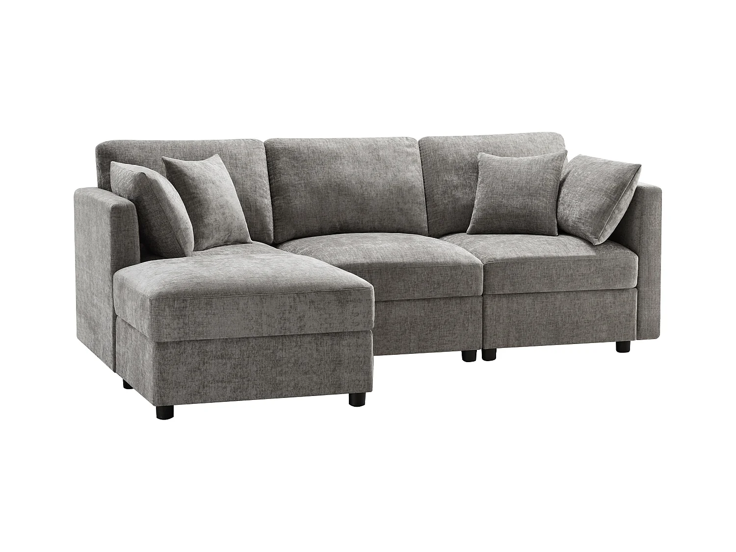 Canapé d'angle en L avec repose-pieds, comprenant quatre coussins, des accoudoirs réglables et un revêtement confortable en chenille gris