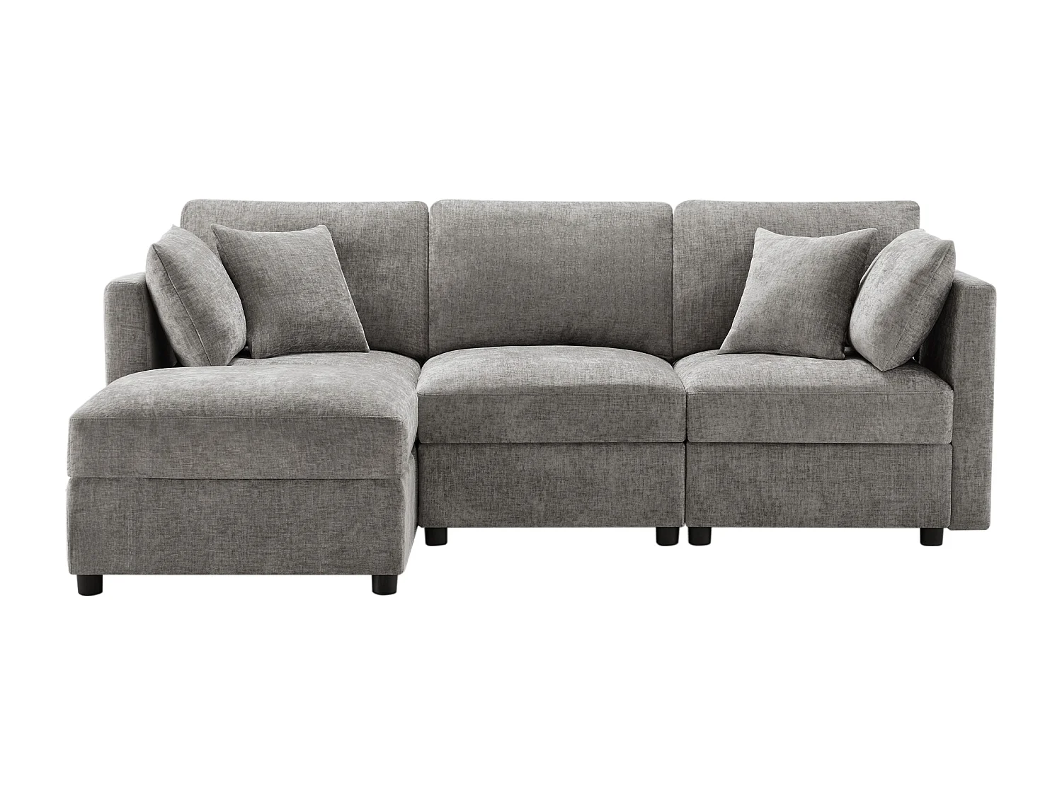 Divano angolare a L con poggiapiedi, quattro cuscini, braccioli regolabili e comodo rivestimento in ciniglia grigia