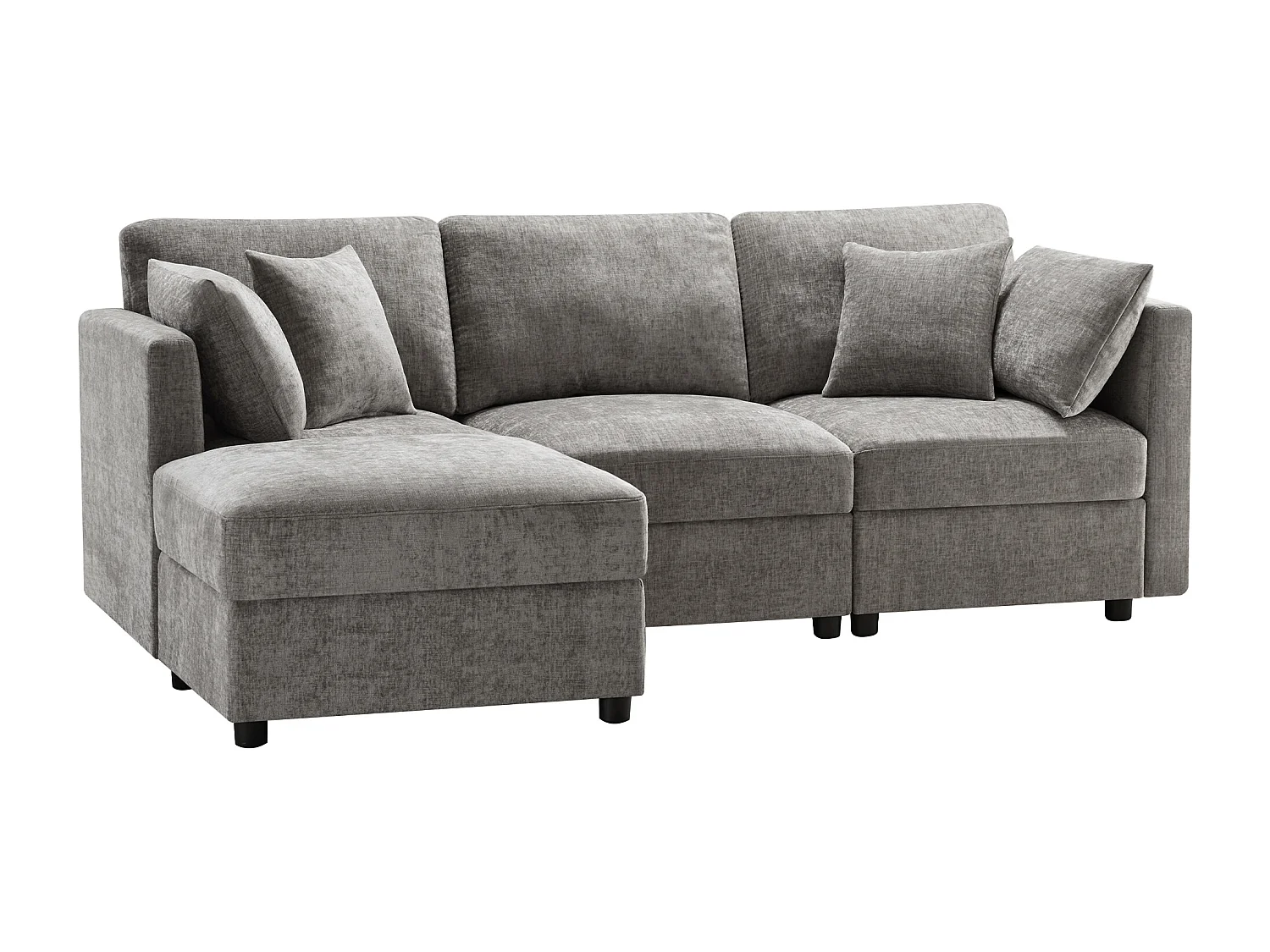 Divano angolare a L con poggiapiedi, quattro cuscini, braccioli regolabili e comodo rivestimento in ciniglia grigia