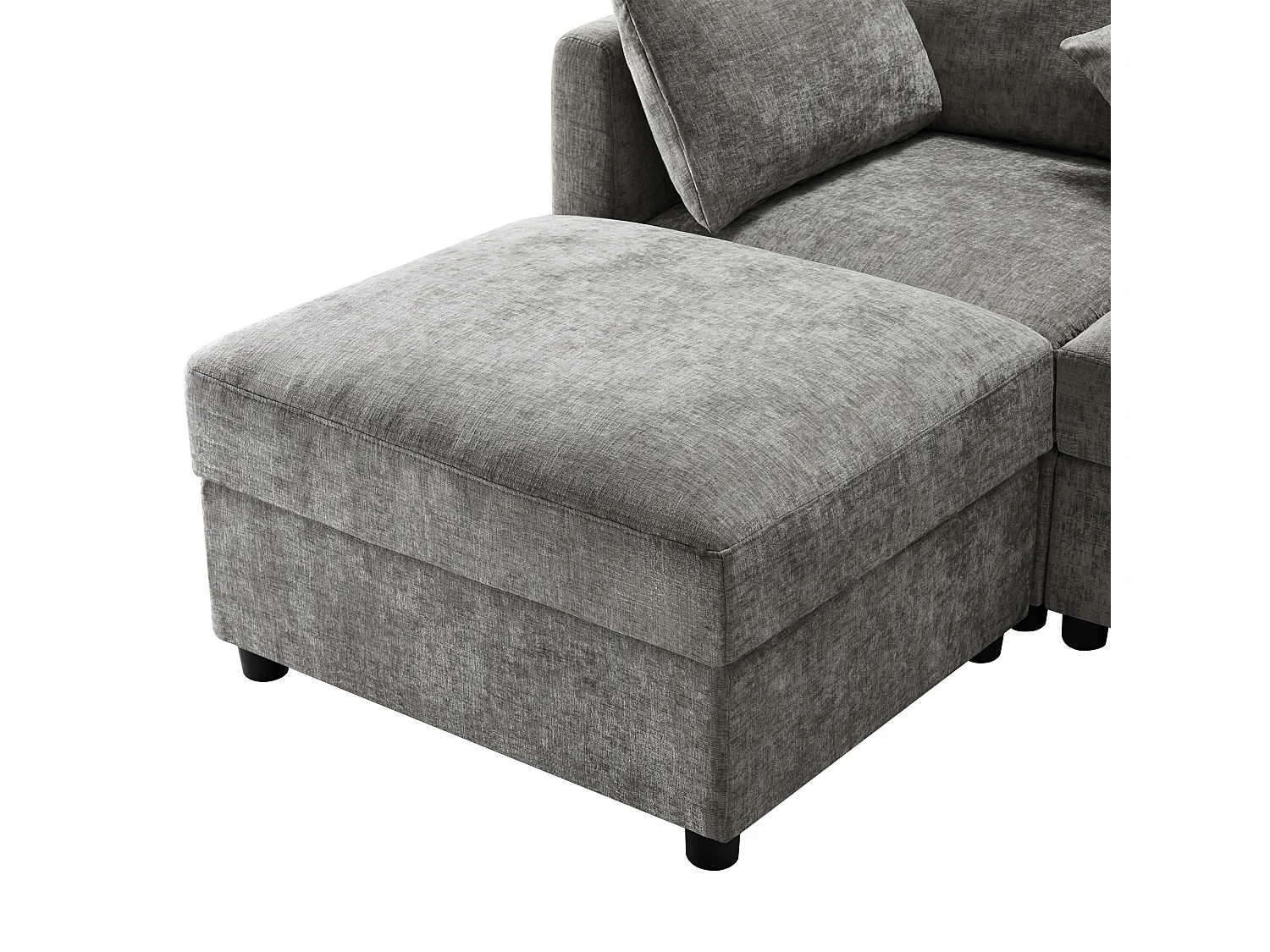 Divano angolare a L con poggiapiedi, quattro cuscini, braccioli regolabili e comodo rivestimento in ciniglia grigia