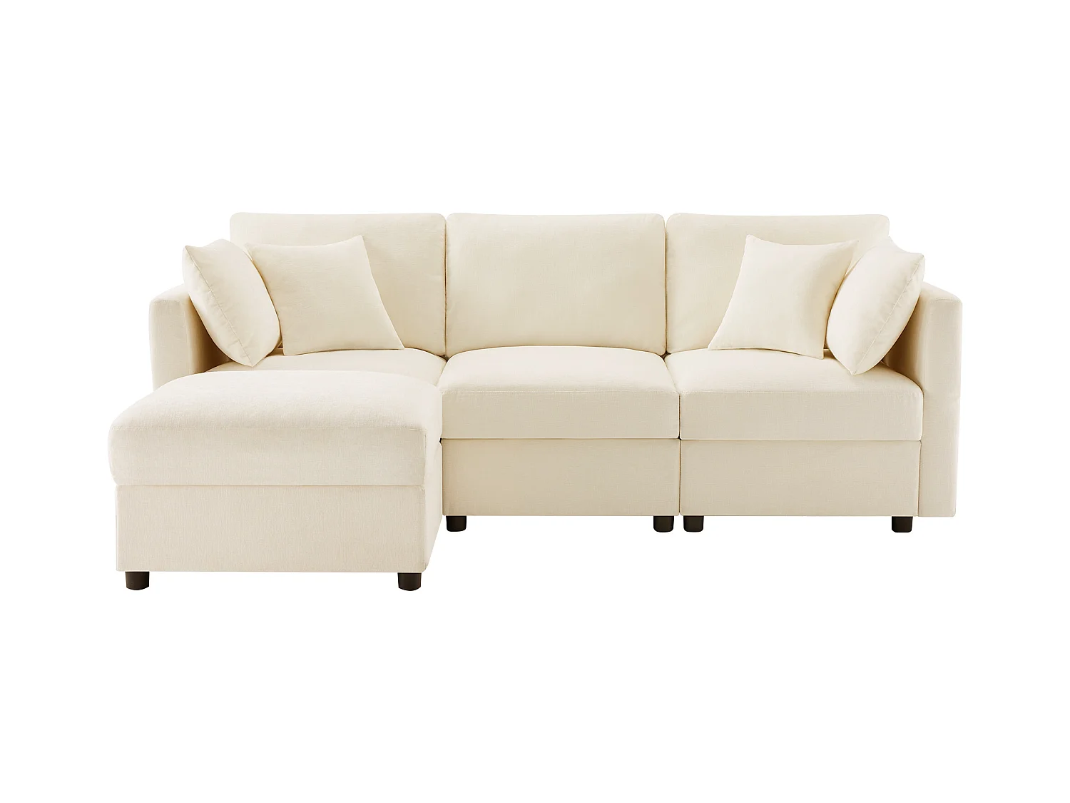 L-förmiges Ecksofa mit Fußstütze, vier Kissen, verstellbaren Armlehnen und bequemem Bezug aus beigem Chenille.