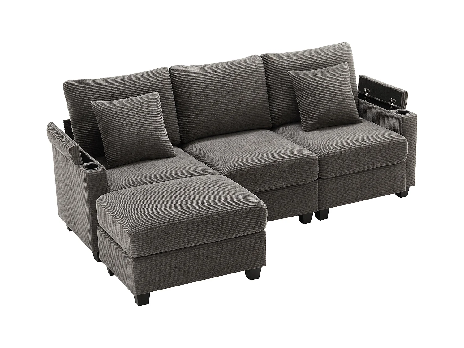 L-vormige hoekbank met voetensteun, bekerhouders, USB-oplader, armleuningtafel en twee kussens, donkergrijs