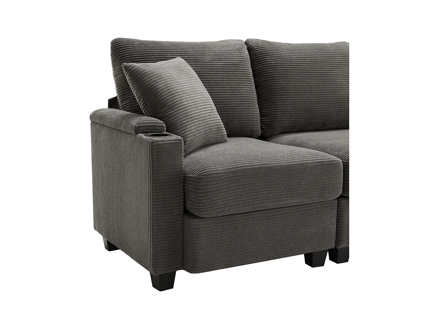 L-vormige hoekbank met voetensteun, bekerhouders, USB-oplader, armleuningtafel en twee kussens, donkergrijs