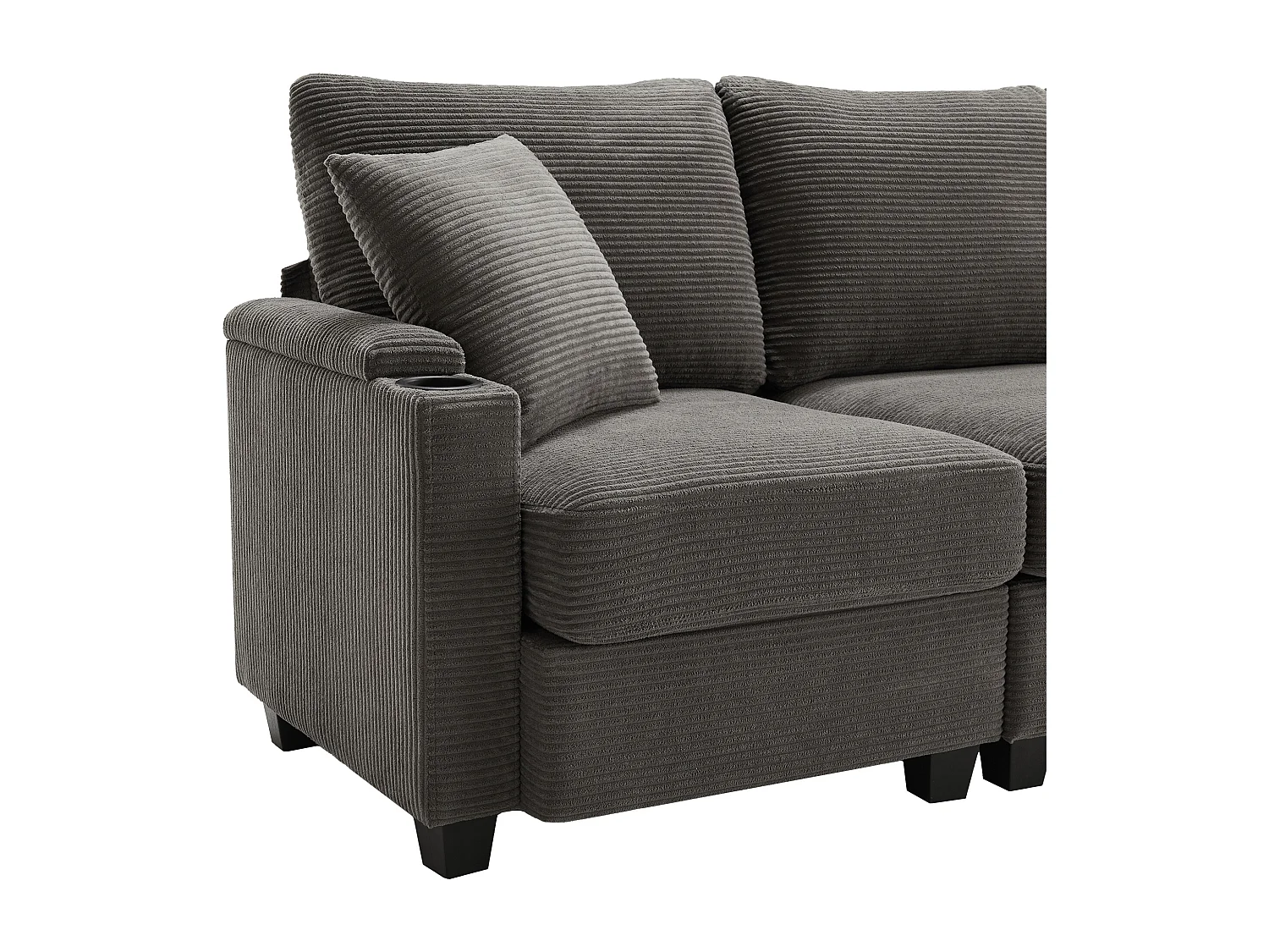 Canapé d'angle en L avec repose-pieds, porte-gobelets, chargeur USB, tablette d'accoudoir et deux coussins, gris foncé
