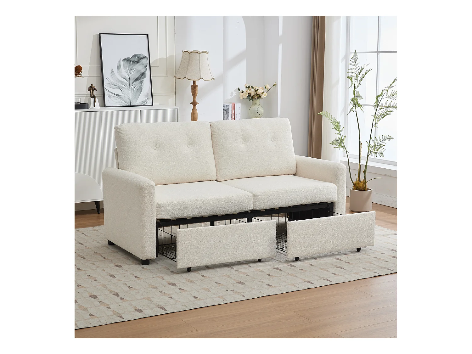 Divano a due posti con cassetti portaoggetti, colore avorio.