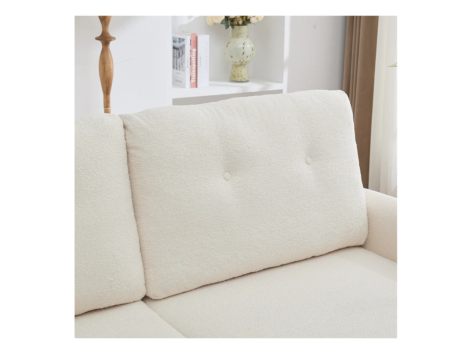 Divano a due posti con cassetti portaoggetti, colore avorio.