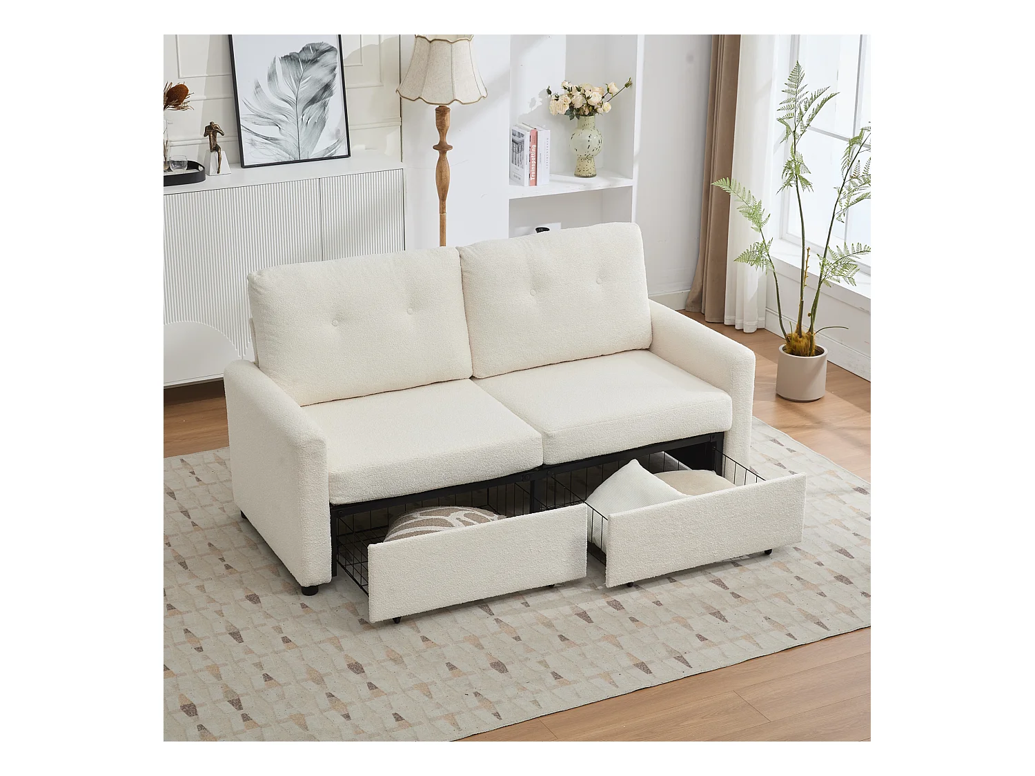 Canapé deux places avec tiroirs de rangement,couleur ivoire.