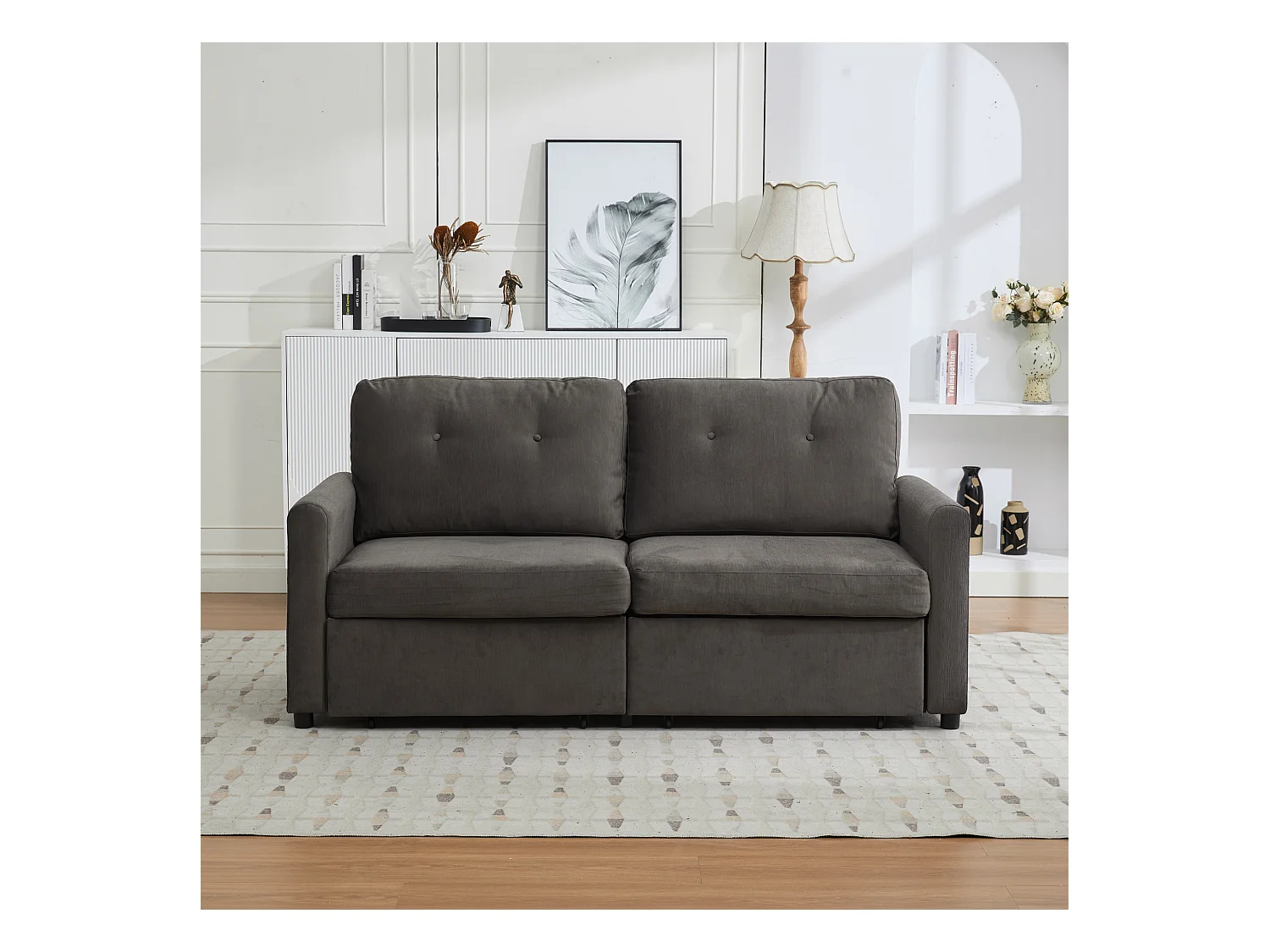 Canapé deux places avec tiroirs de rangement, gris foncé