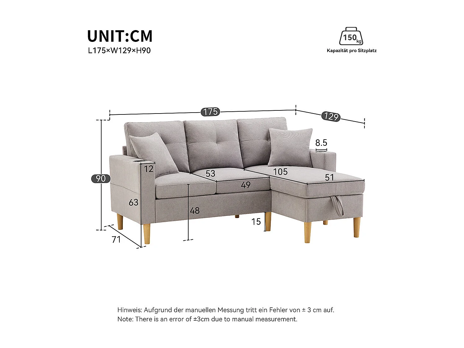 Driezitsbank in L-vorm met chaise longue, opbergvak, geïntegreerde bekerhouders en twee kussens inbegrepen, lichtgrijs