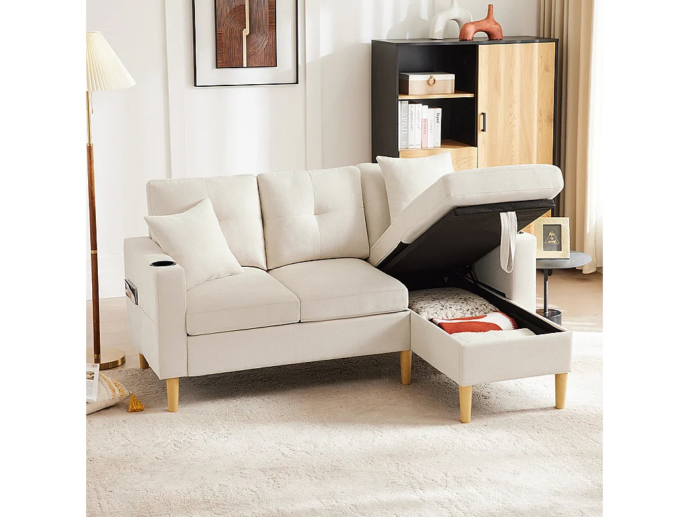 Canapé trois places en L avec méridienne, compartiment de rangement, porte-gobelets intégrés et deux coussins inclus，Beige