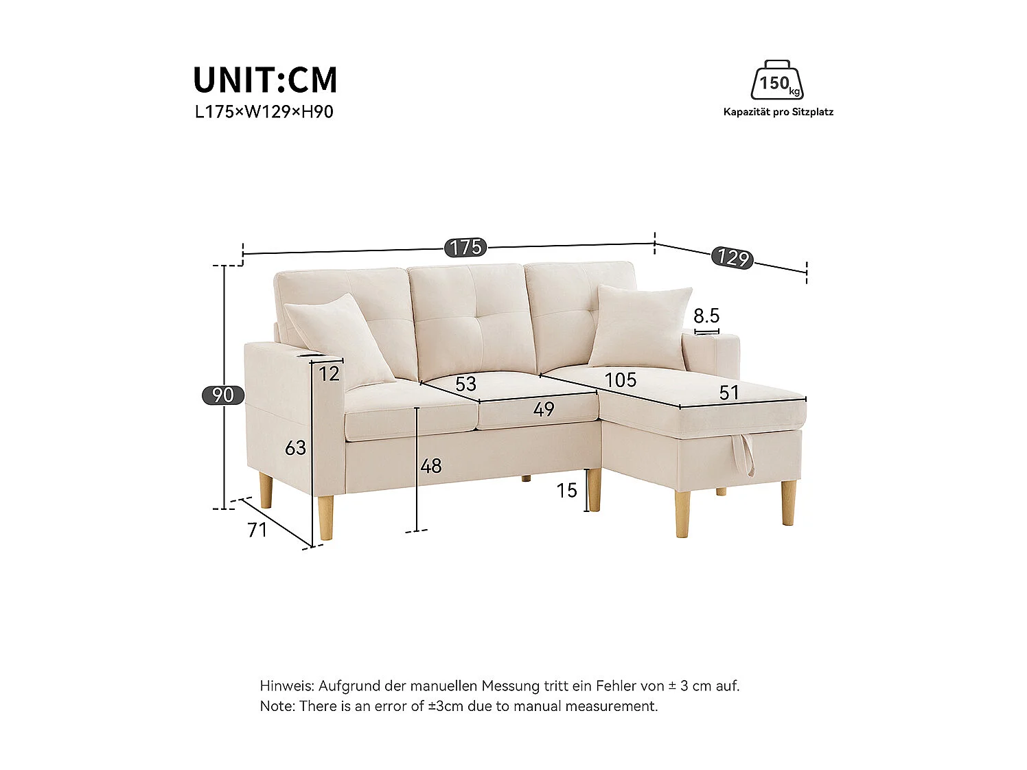 Canapé trois places en L avec méridienne, compartiment de rangement, porte-gobelets intégrés et deux coussins inclus，Beige