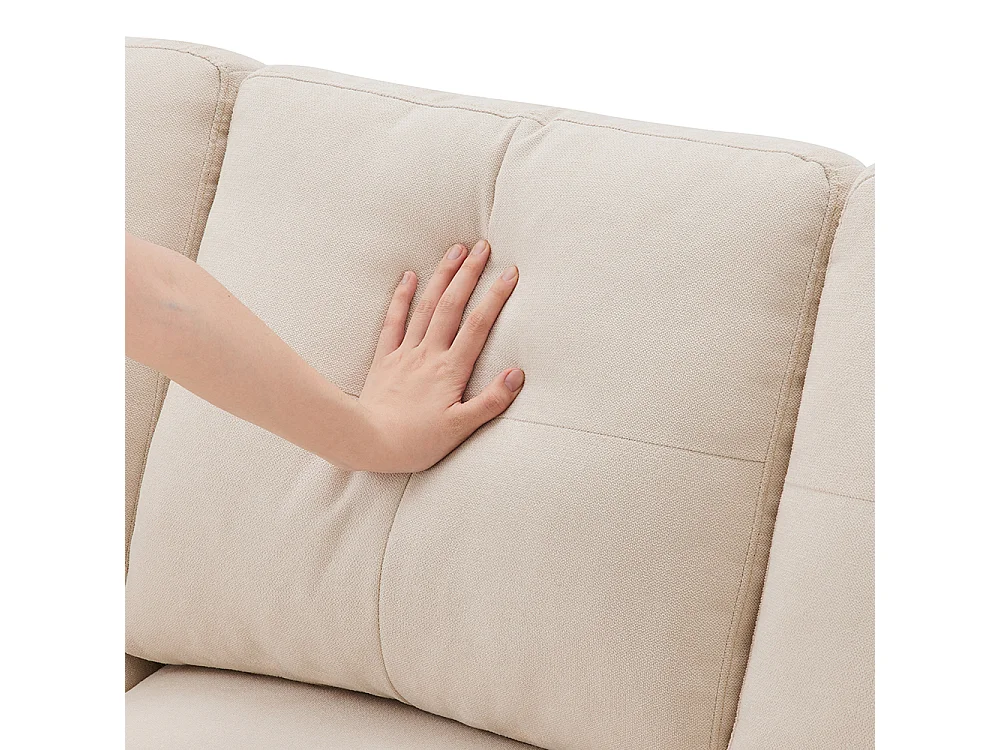 Canapé trois places en L avec méridienne, compartiment de rangement, porte-gobelets intégrés et deux coussins inclus，Beige