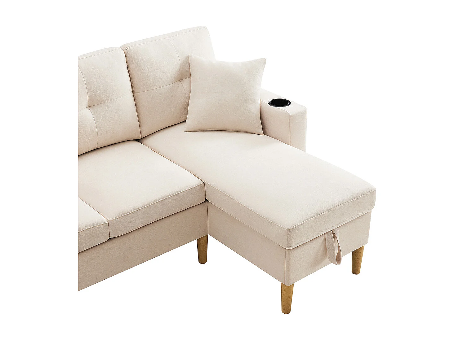 Canapé trois places en L avec méridienne, compartiment de rangement, porte-gobelets intégrés et deux coussins inclus，Beige