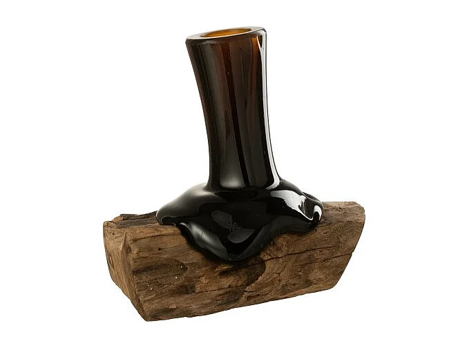 Jarrón sobre base de madera en vidrio reciclado marrón 16.5x12x19.5 cm