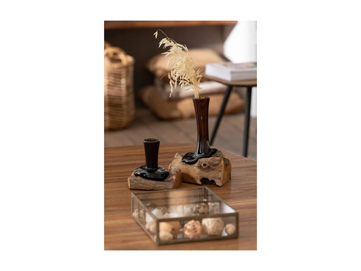 Jarrón sobre base de madera en vidrio reciclado marrón 16.5x12x19.5 cm