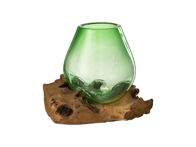 Jarrón sobre base de madera de vidrio reciclado verde 23x19x19 cm