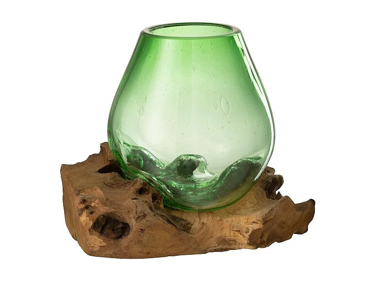 Jarrón sobre base de madera de vidrio reciclado verde 23x19x19 cm