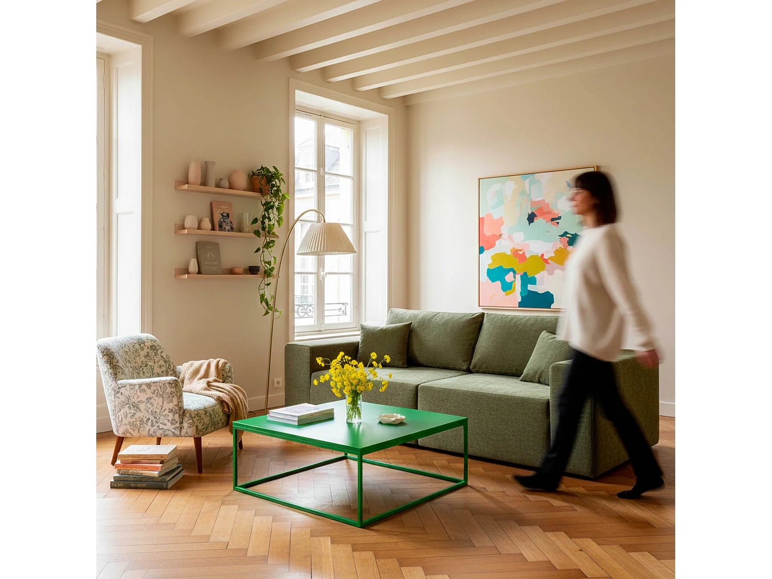 Table basse carrée moderne L90 cm vert