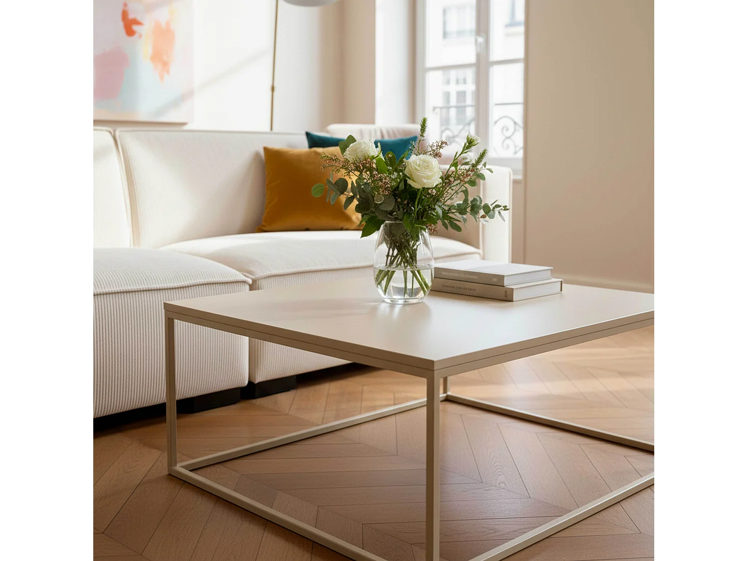 Table basse carrée moderne L90 cm écru