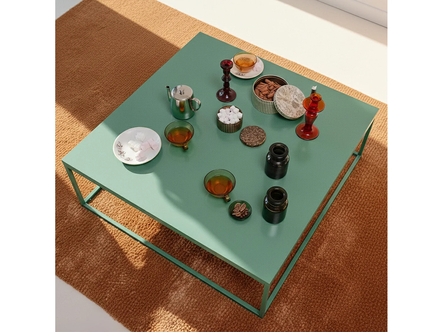 Table basse carrée moderne L90 cm vert sauge