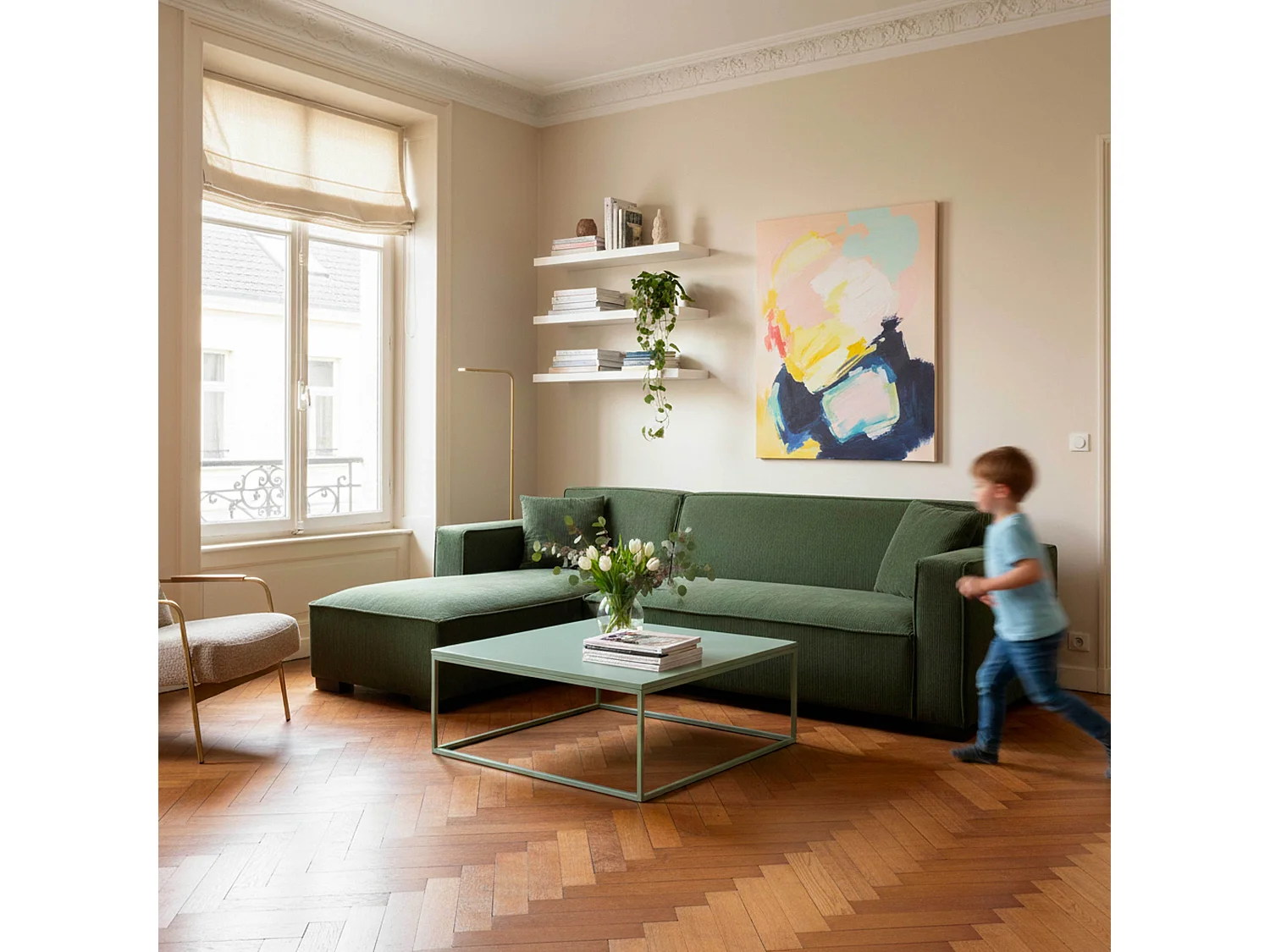 Table basse carrée moderne L90 cm vert sauge