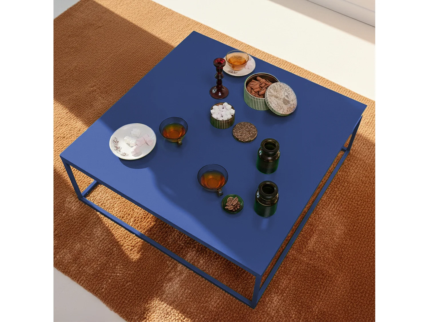 Table basse carrée moderne L90 cm bleu foncé