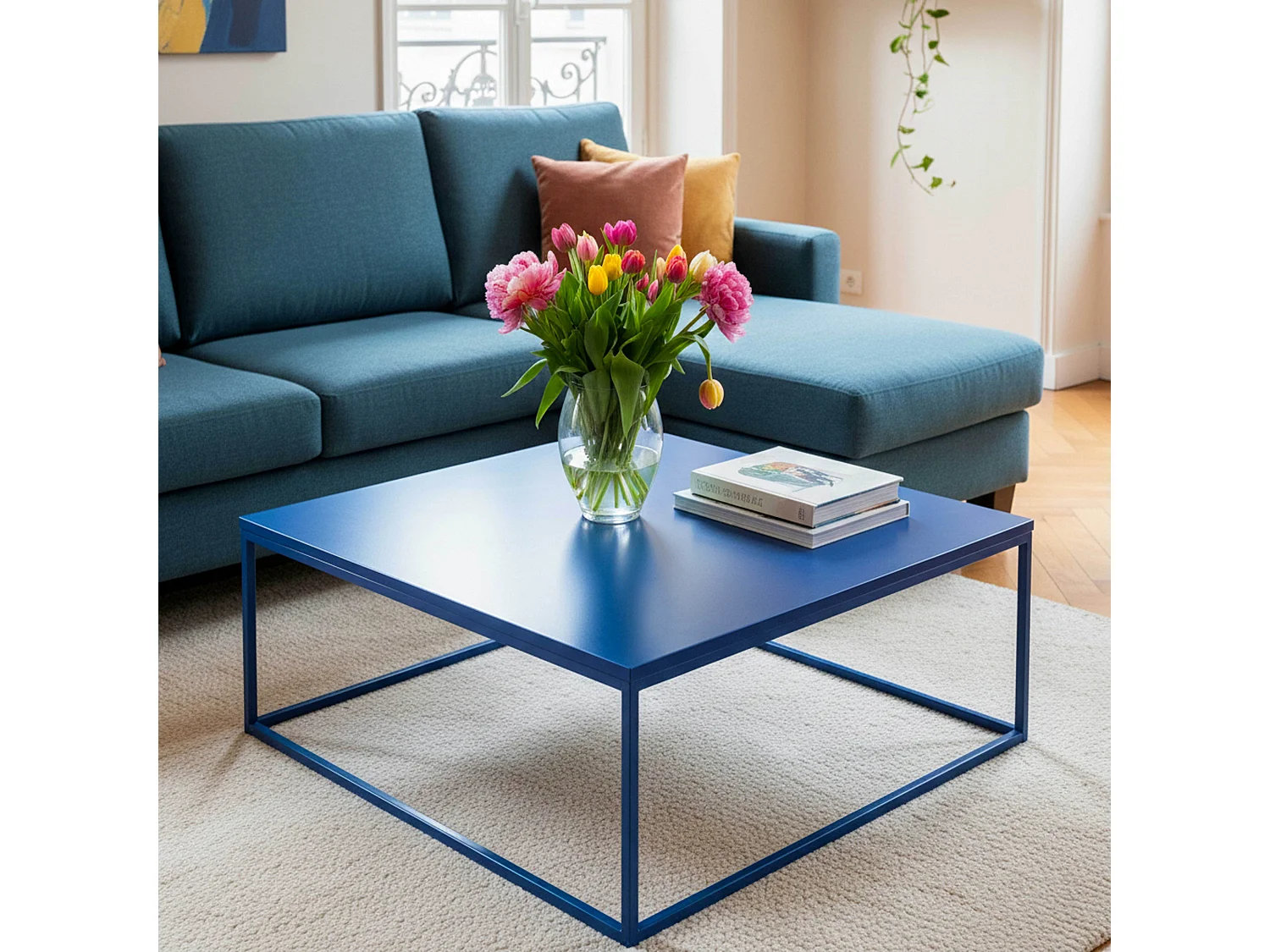 Table basse carrée moderne L90 cm bleu foncé