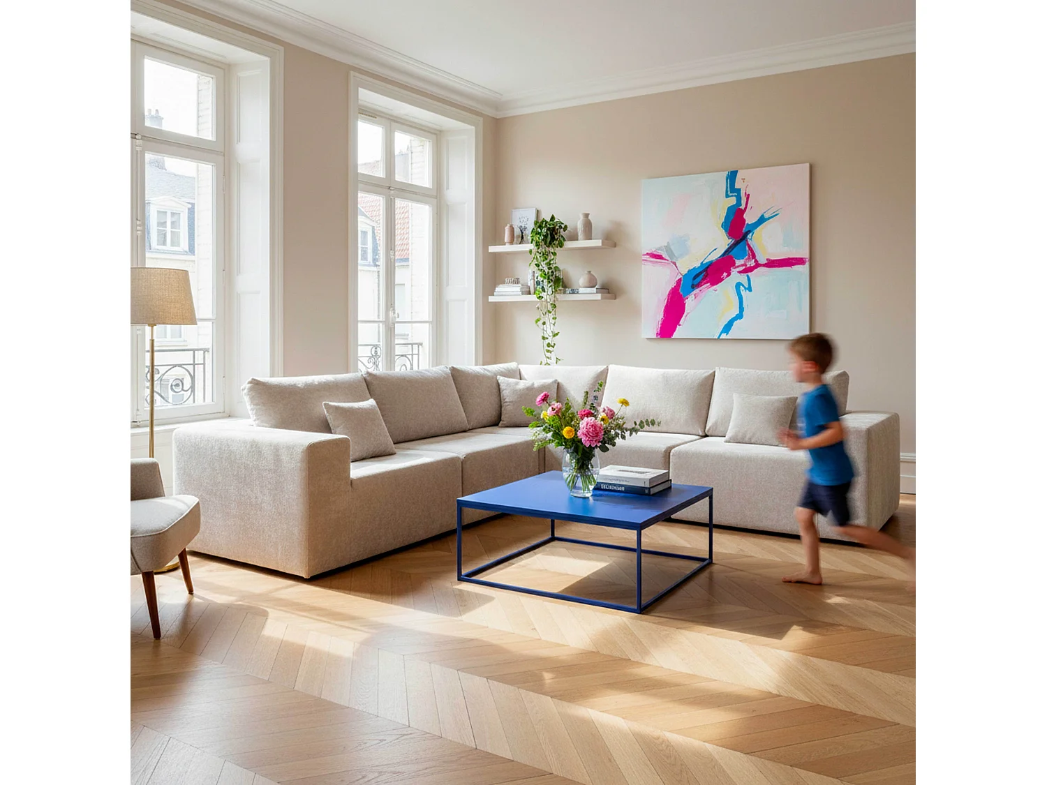 Table basse carrée moderne L90 cm bleu foncé