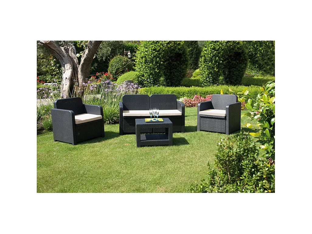Set rattan giardino divano 2 posti e 2 poltrone con tavolino