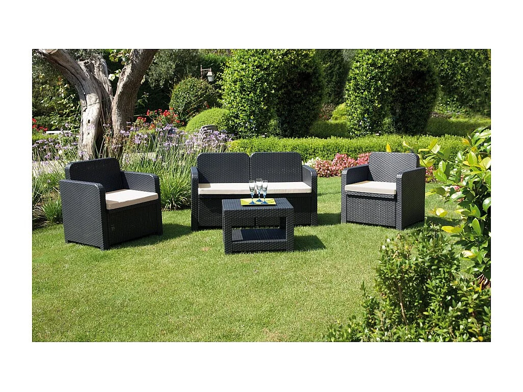 Set rattan giardino divano 2 posti e 2 poltrone con tavolino