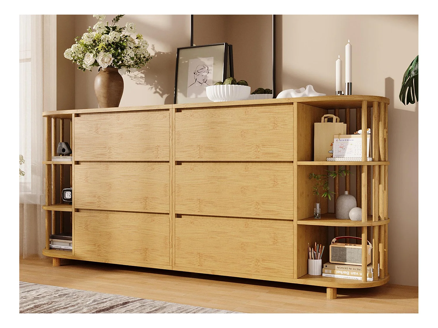 Buffet aspecto carvalho 160x40x75cm - com 6 gavetas - com prateleiras abertas - design românico - Natural